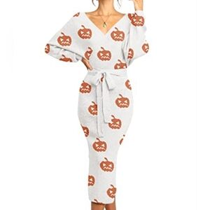 Women's Pumpkin Sweater V-Neck Dress